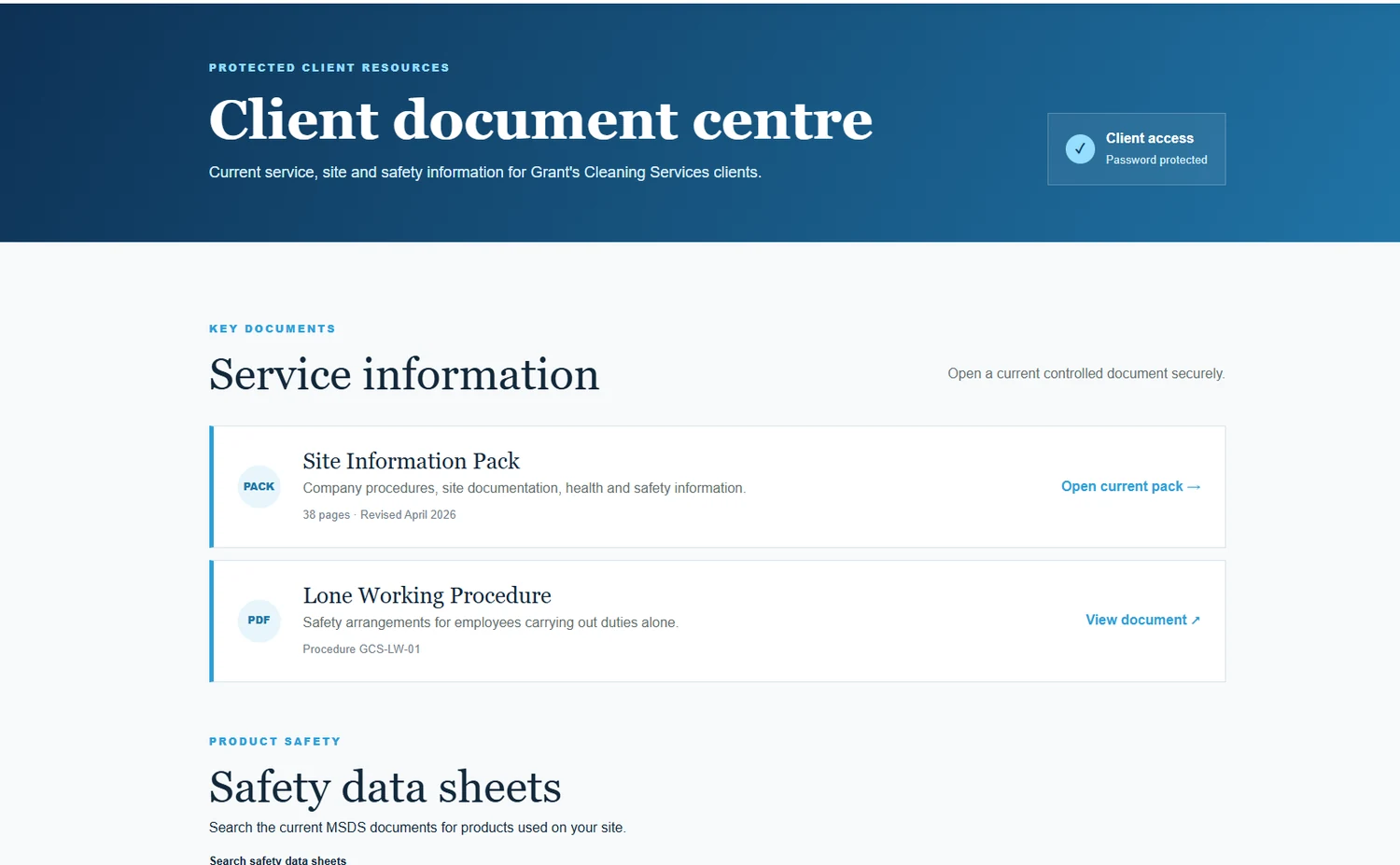 Grant’s Cleaning Services client document centre with service information and safety data sheets
