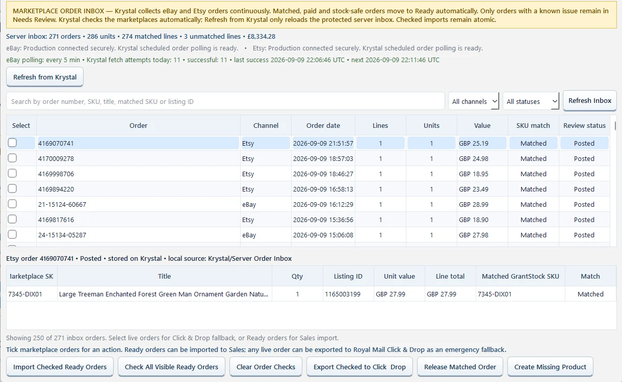 The Loft UK retail operations system showing marketplace orders, channels and matched SKU workflows
