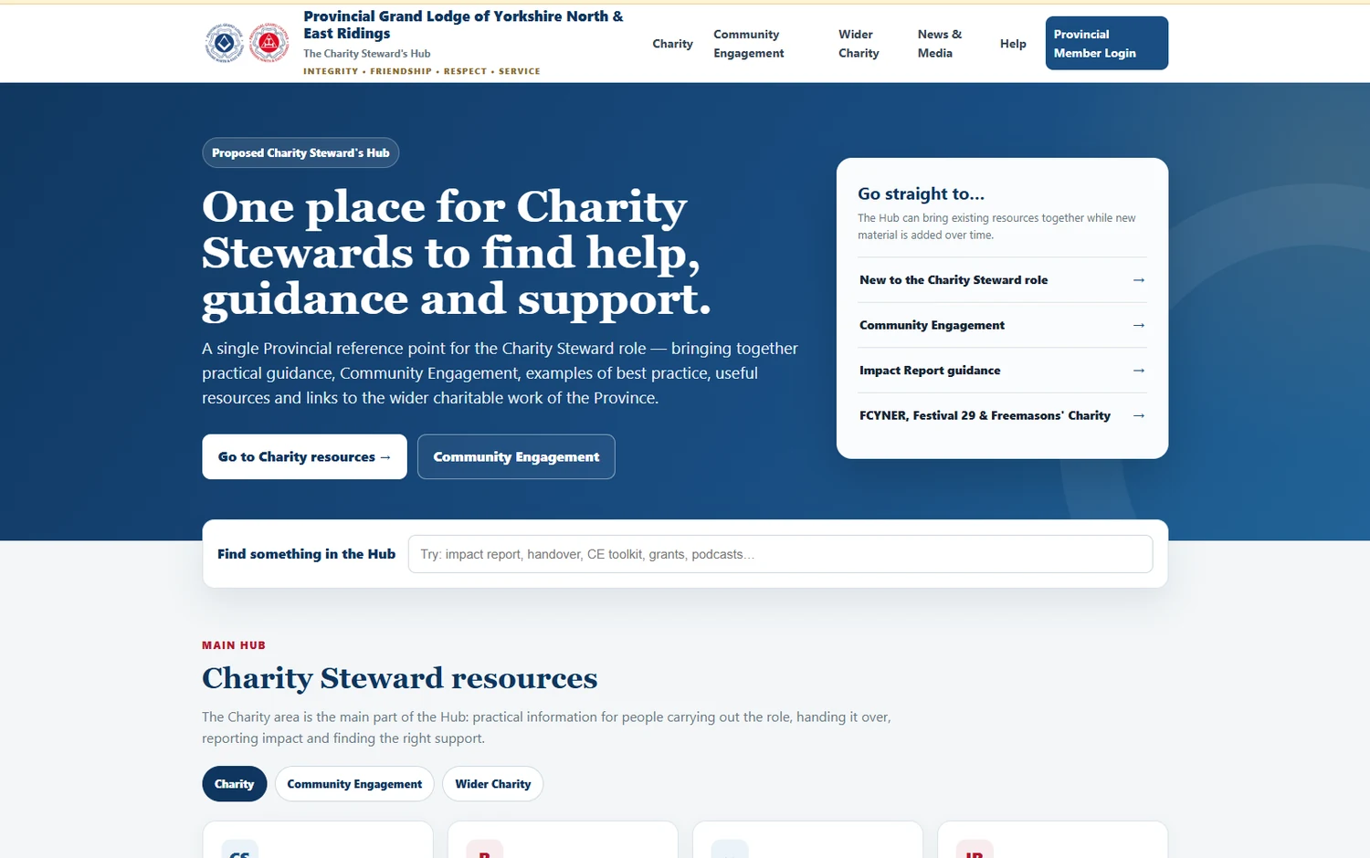 YNER charity hub page showing the main hero section and resource areas